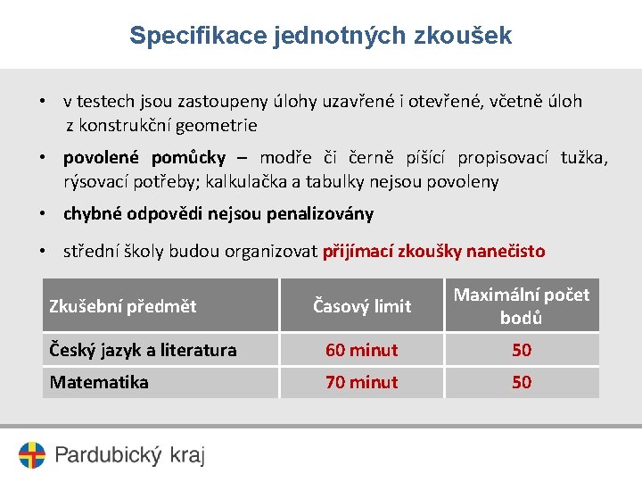 Specifikace jednotných zkoušek • v testech jsou zastoupeny úlohy uzavřené i otevřené, včetně úloh