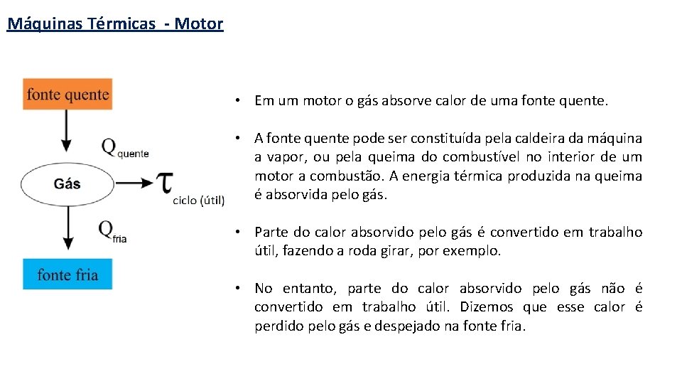 Máquinas Térmicas - Motor • Em um motor o gás absorve calor de uma