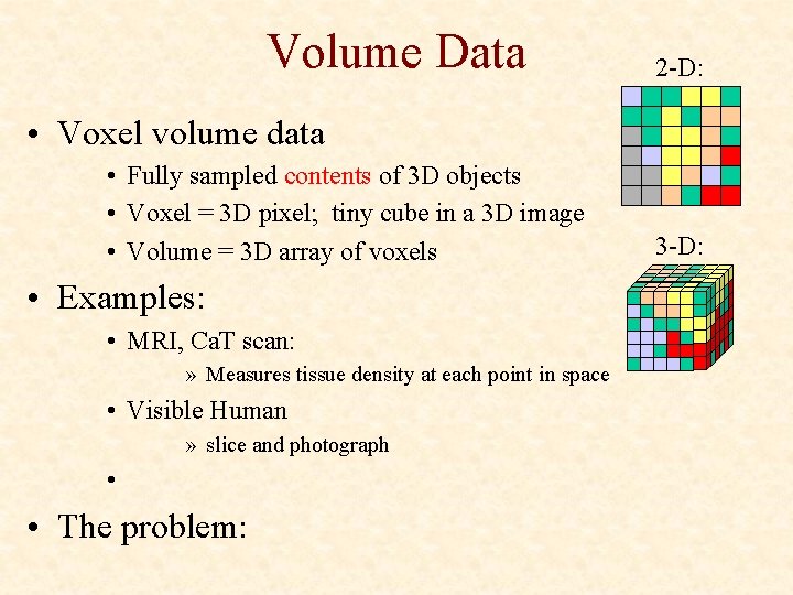 Volume Data 2 -D: • Voxel volume data • Fully sampled contents of 3