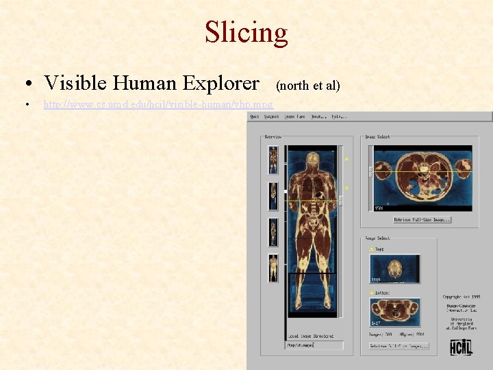 Slicing • Visible Human Explorer • http: //www. cs. umd. edu/hcil/visible-human/vhp. mpg (north et
