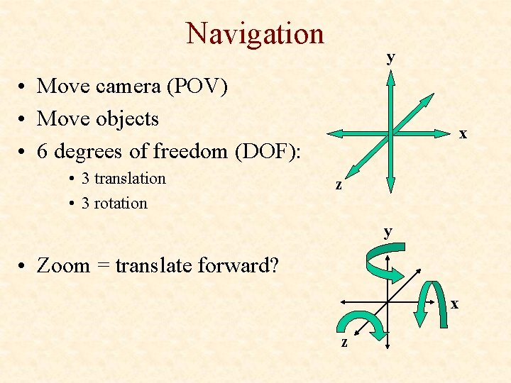 Navigation y • Move camera (POV) • Move objects • 6 degrees of freedom