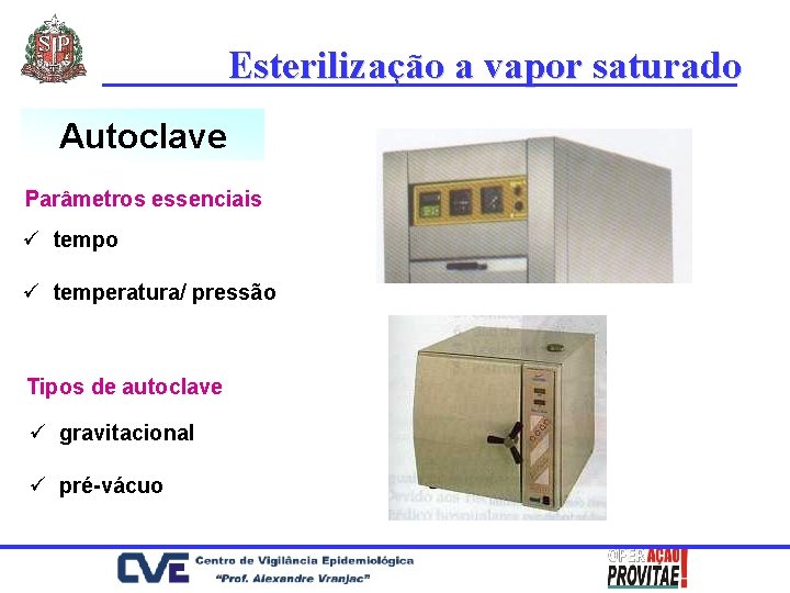 Esterilização a vapor saturado Autoclave Parâmetros essenciais ü tempo ü temperatura/ pressão Tipos de