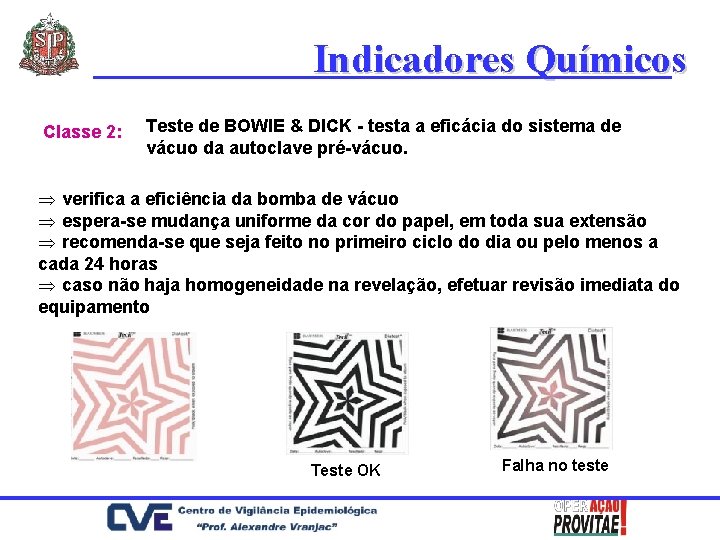 Indicadores Químicos Classe 2: Teste de BOWIE & DICK - testa a eficácia do