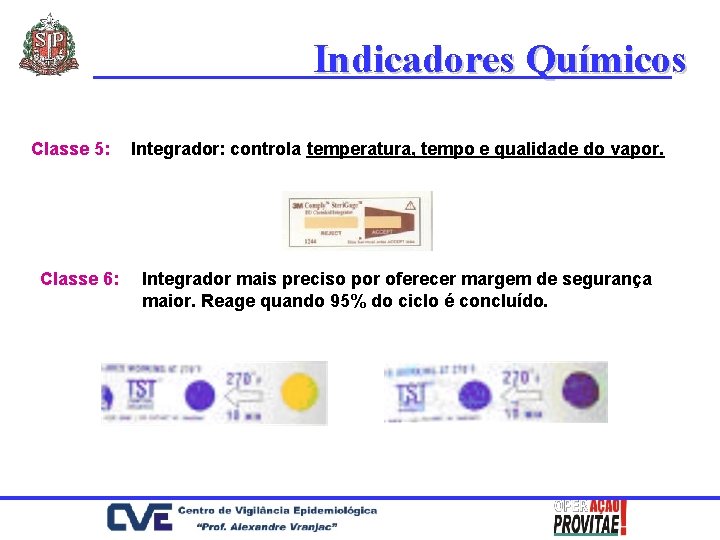 Indicadores Químicos Classe 5: Classe 6: Integrador: controla temperatura, tempo e qualidade do vapor.