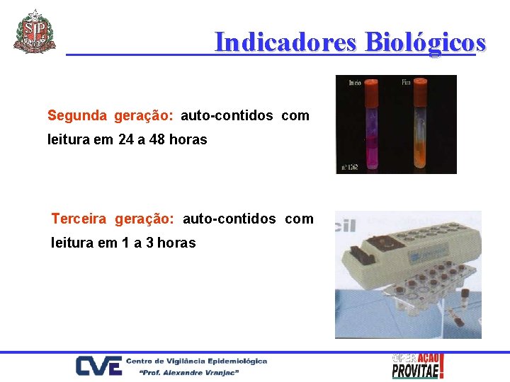 Indicadores Biológicos Segunda geração: auto-contidos com leitura em 24 a 48 horas Terceira geração: