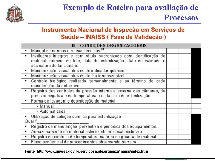 Exemplo de Roteiro para avaliação de Processos Instrumento Nacional de Inspeção em Serviços de