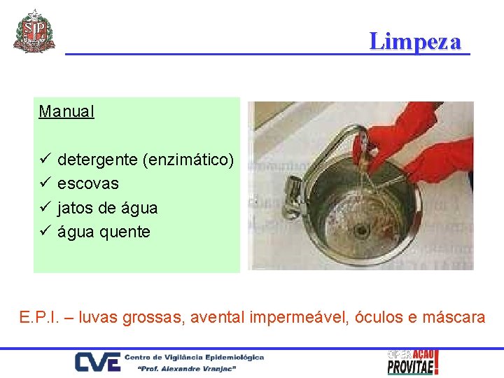 Limpeza Manual ü ü detergente (enzimático) escovas jatos de água quente E. P. I.