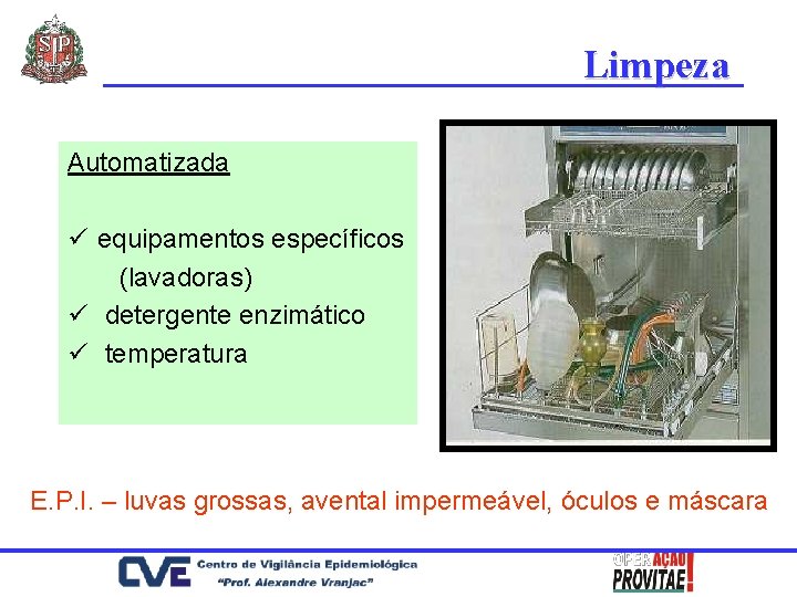 Limpeza Automatizada ü equipamentos específicos (lavadoras) ü detergente enzimático ü temperatura E. P. I.