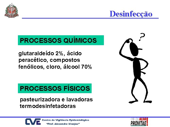 Desinfecção PROCESSOS QUÍMICOS glutaraldeído 2%, ácido peracético, compostos fenólicos, cloro, álcool 70% PROCESSOS FÍSICOS