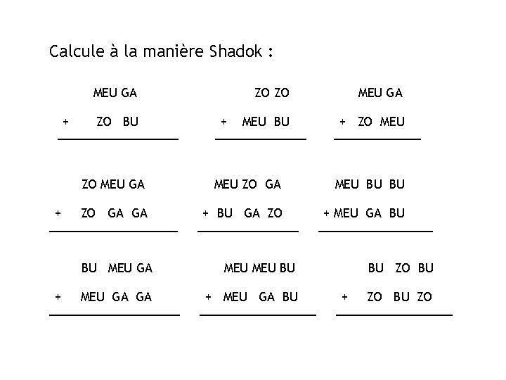 Calcule à la manière Shadok : MEU GA + + + ZO BU +