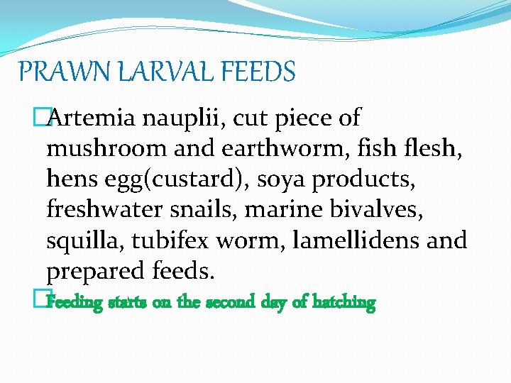 PRAWN LARVAL FEEDS �Artemia nauplii, cut piece of mushroom and earthworm, fish flesh, hens