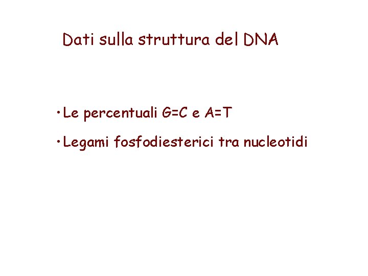 Dati sulla struttura del DNA • Le percentuali G=C e A=T • Legami fosfodiesterici
