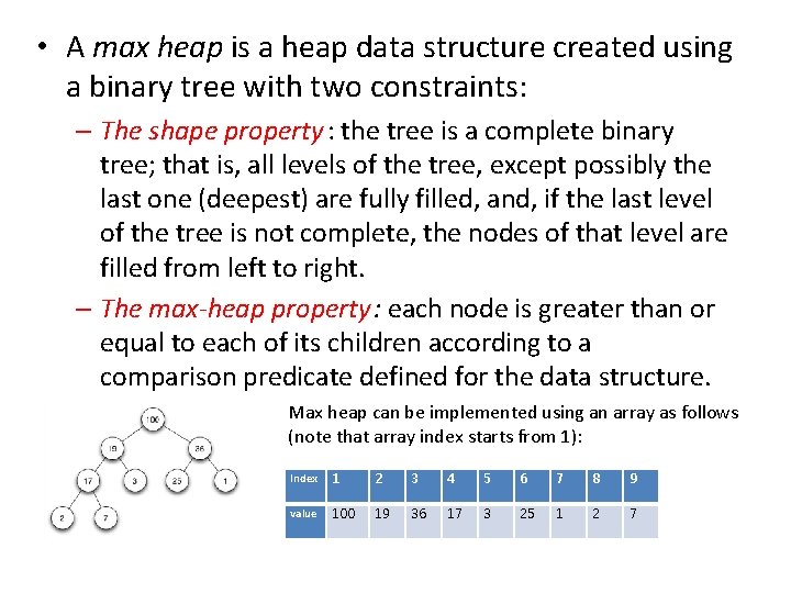  • A max heap is a heap data structure created using a binary