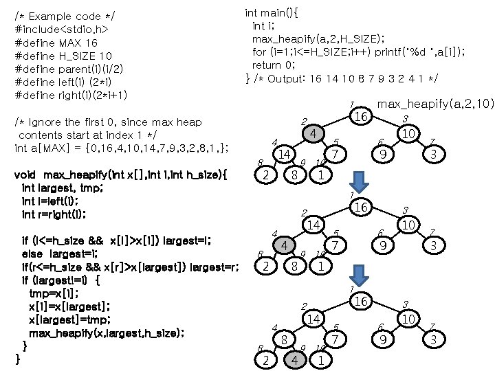 /* Example code */ #include<stdio. h> #define MAX 16 #define H_SIZE 10 #define parent(i)(i/2)