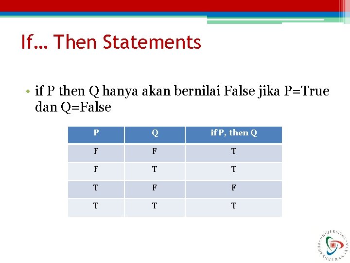 If… Then Statements • if P then Q hanya akan bernilai False jika P=True