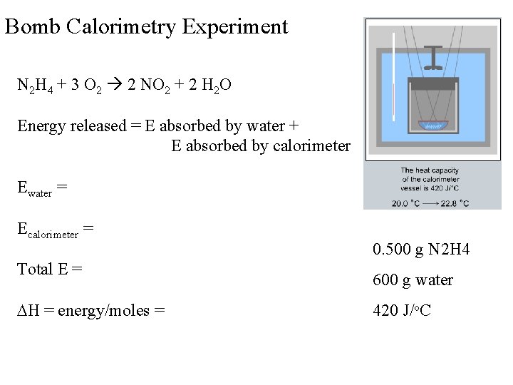 Bomb Calorimetry Experiment N 2 H 4 + 3 O 2 2 NO 2