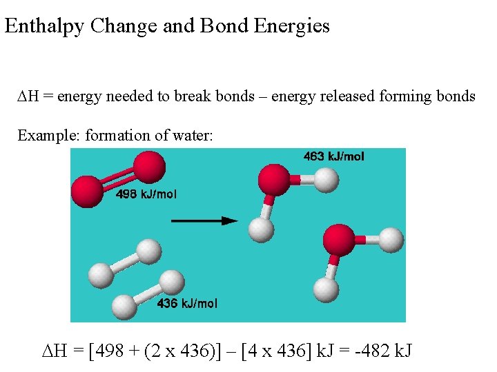 Enthalpy Change and Bond Energies H = energy needed to break bonds – energy