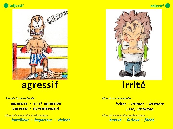 adjectif agressif Mots de la même famille : agressive - (une) agression agresser -