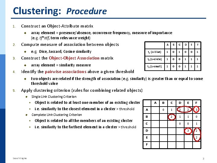 Clustering: Procedure 1. Construct an Object-Attribute matrix array element = presence/absence, occurrence frequency, measure