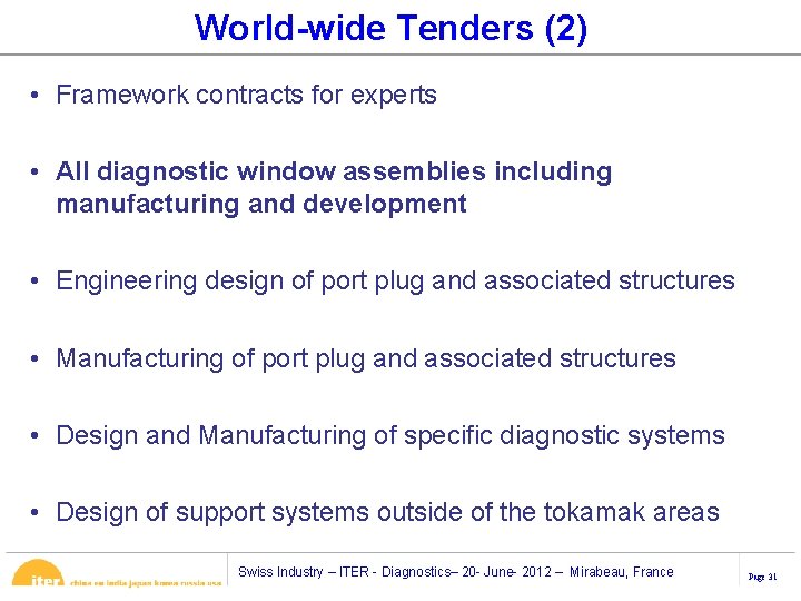 World-wide Tenders (2) • Framework contracts for experts • All diagnostic window assemblies including