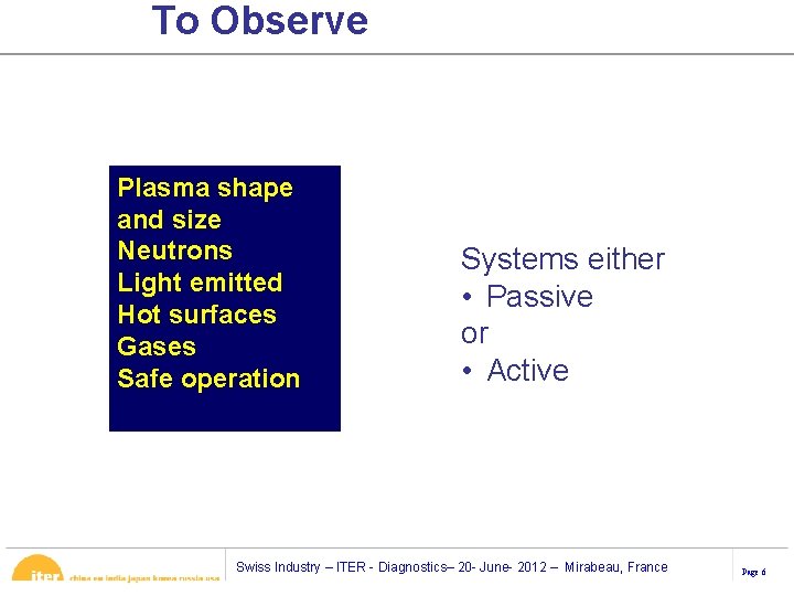 To Observe Plasma shape and size Neutrons Light emitted Hot surfaces Gases Safe operation