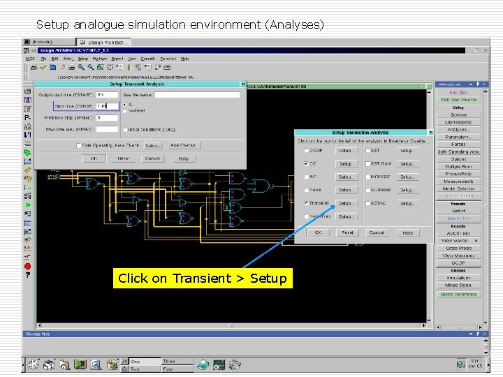 Setup analogue simulation environment (Analyses) Click on Transient > Setup Spring 09, Jan 9