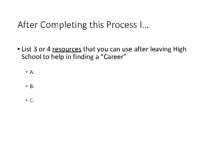 After Completing this Process I… • List 3 or 4 resources that you can