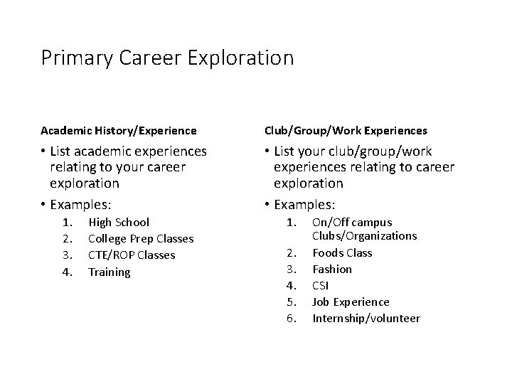 Primary Career Exploration Academic History/Experience Club/Group/Work Experiences • List academic experiences relating to your
