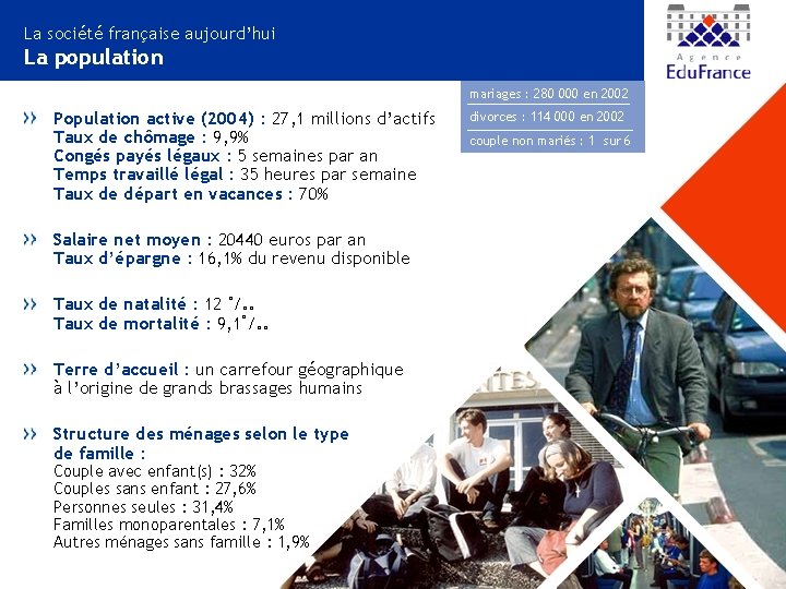 La société française aujourd’hui La population mariages : 280 000 en 2002 Population active