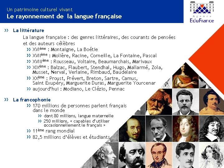 Un patrimoine culturel vivant Le rayonnement de la langue française La littérature La langue