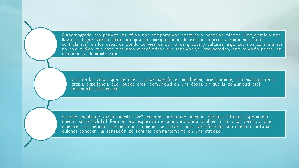 Autoetnografía nos permite ver cómo nos comportamos nosotras y nosotros mismos. Este ejercicio nos Autoetnografía nos permite ver cómo nos comportamos nosotras y nosotros mismos. Este ejercicio nos