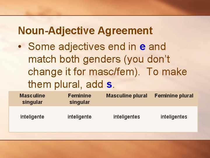 Noun-Adjective Agreement • Some adjectives end in e and match both genders (you don’t
