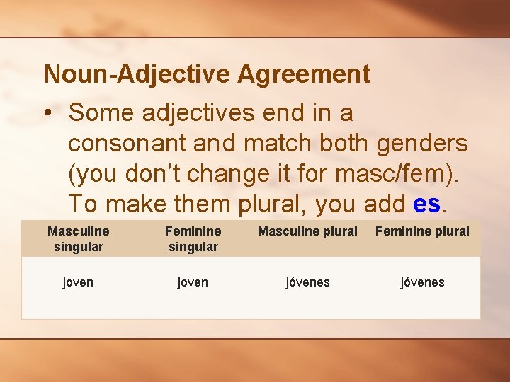Noun-Adjective Agreement • Some adjectives end in a consonant and match both genders (you