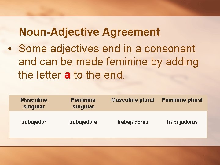Noun-Adjective Agreement • Some adjectives end in a consonant and can be made feminine