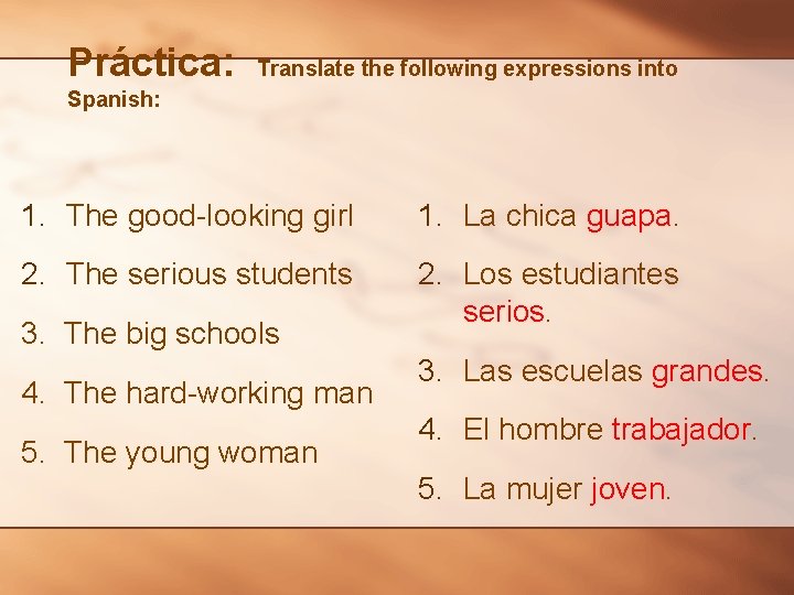Práctica: Translate the following expressions into Spanish: 1. The good-looking girl 1. La chica