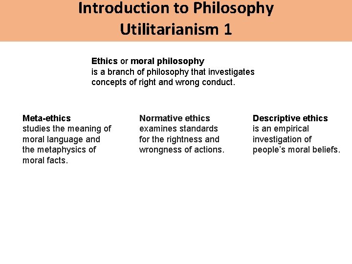 Introduction to Philosophy Utilitarianism 1 Ethics or moral philosophy is a branch of philosophy