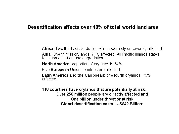 Desertification affects over 40% of total world land area Africa: Two thirds drylands, 73