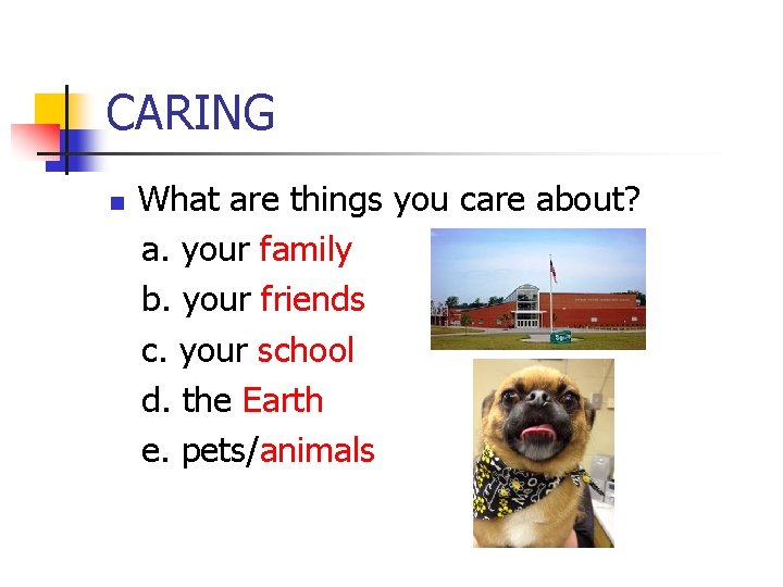 CARING n What are things you care about? a. your family b. your friends