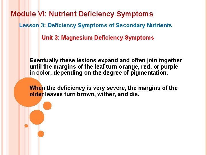 Module VI: Nutrient Deficiency Symptoms Lesson 3: Deficiency Symptoms of Secondary Nutrients Unit 3: