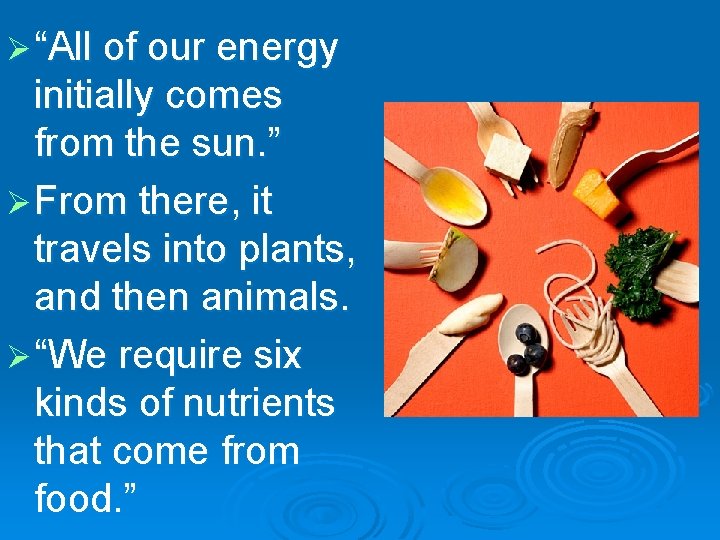 Ø “All of our energy initially comes from the sun. ” Ø From there,