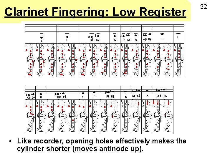 Clarinet Fingering: Low Register • Like recorder, opening holes effectively makes the cylinder shorter