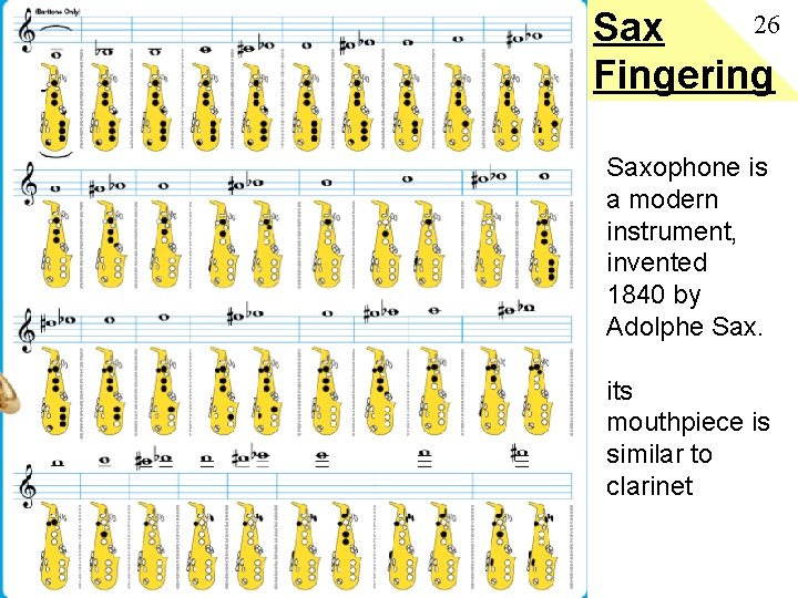 26 Sax Fingering Saxophone is a modern instrument, invented 1840 by Adolphe Sax. its