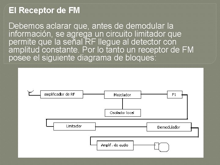 El Receptor de FM Debemos aclarar que, antes de demodular la información, se agrega