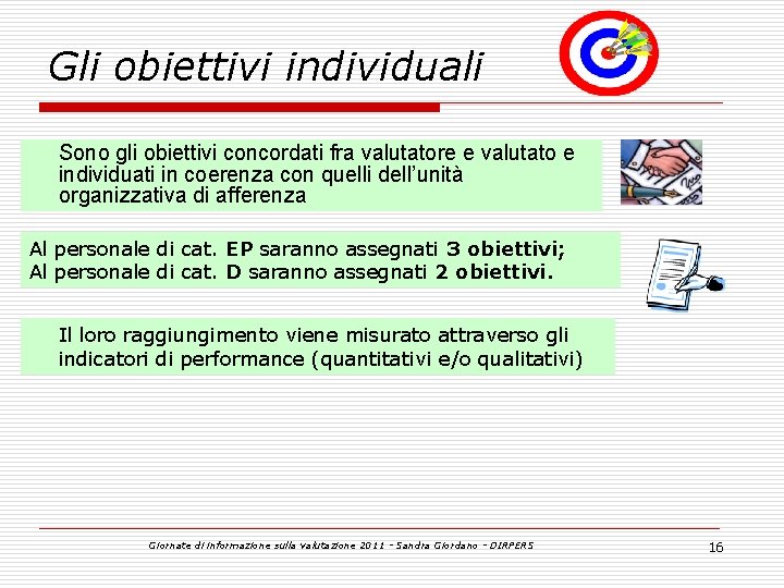 Gli obiettivi individuali Sono gli obiettivi concordati fra valutatore e valutato e individuati in