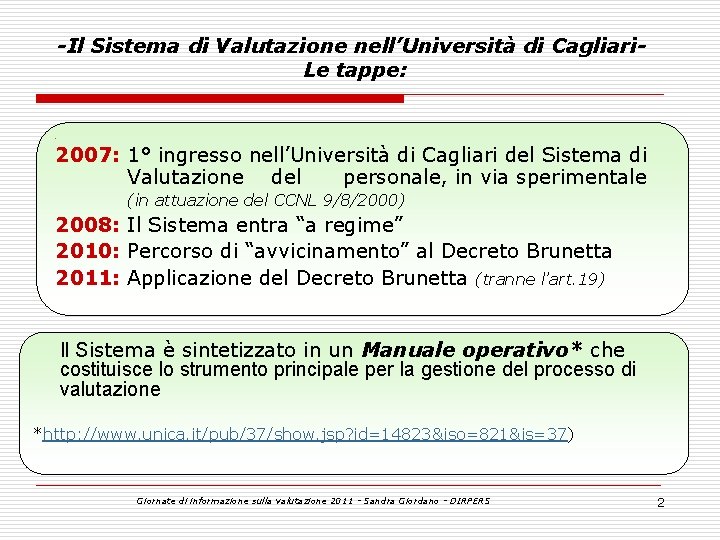 -Il Sistema di Valutazione nell’Università di Cagliari. Le tappe: Ø 2007: 1° ingresso nell’Università