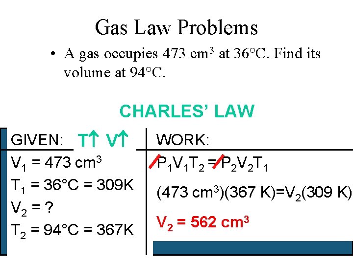 Gas Law Problems • A gas occupies 473 cm 3 at 36°C. Find its