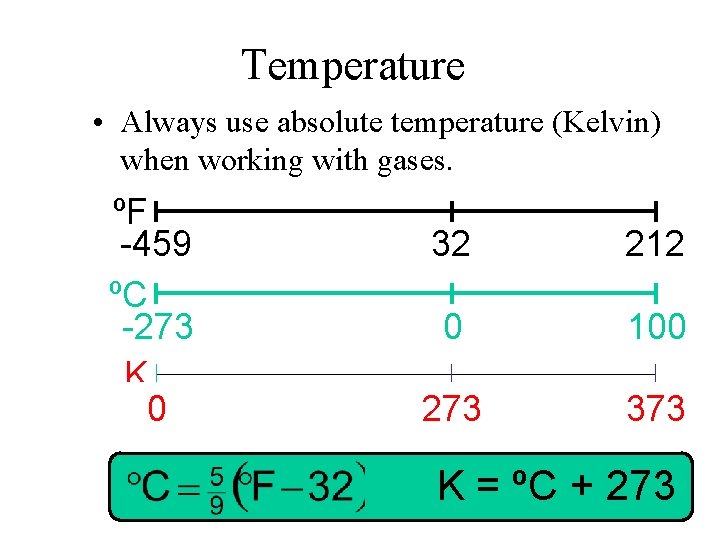 Temperature • Always use absolute temperature (Kelvin) when working with gases. ºF -459 ºC