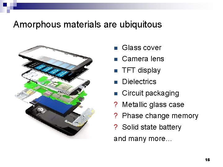 Amorphous materials are ubiquitous n Glass cover n Camera lens n TFT display n