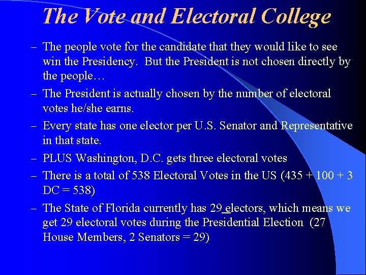 The Vote and Electoral College – The people vote for the candidate that they