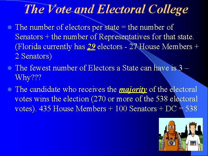 The Vote and Electoral College The number of electors per state = the number